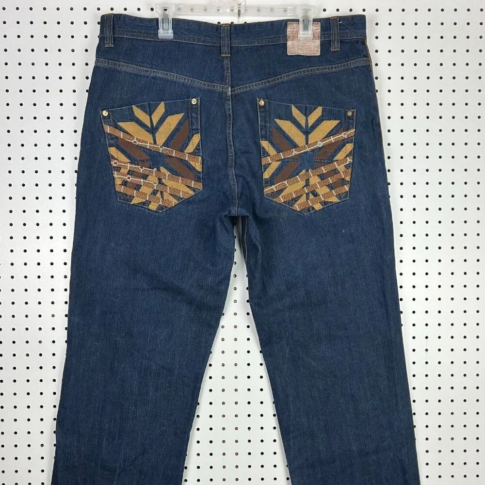 Revolution Y2K Jeans 38x34 Tribal Stitched Pockets Streetwear Skate Baggy Button - Picture 2 of 10